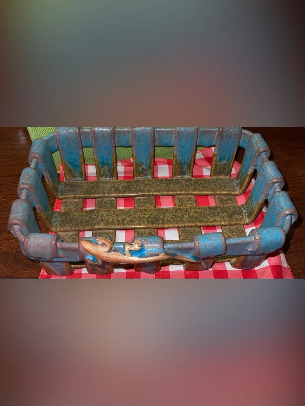 Pottery basket woven brown blue glaze lizard
